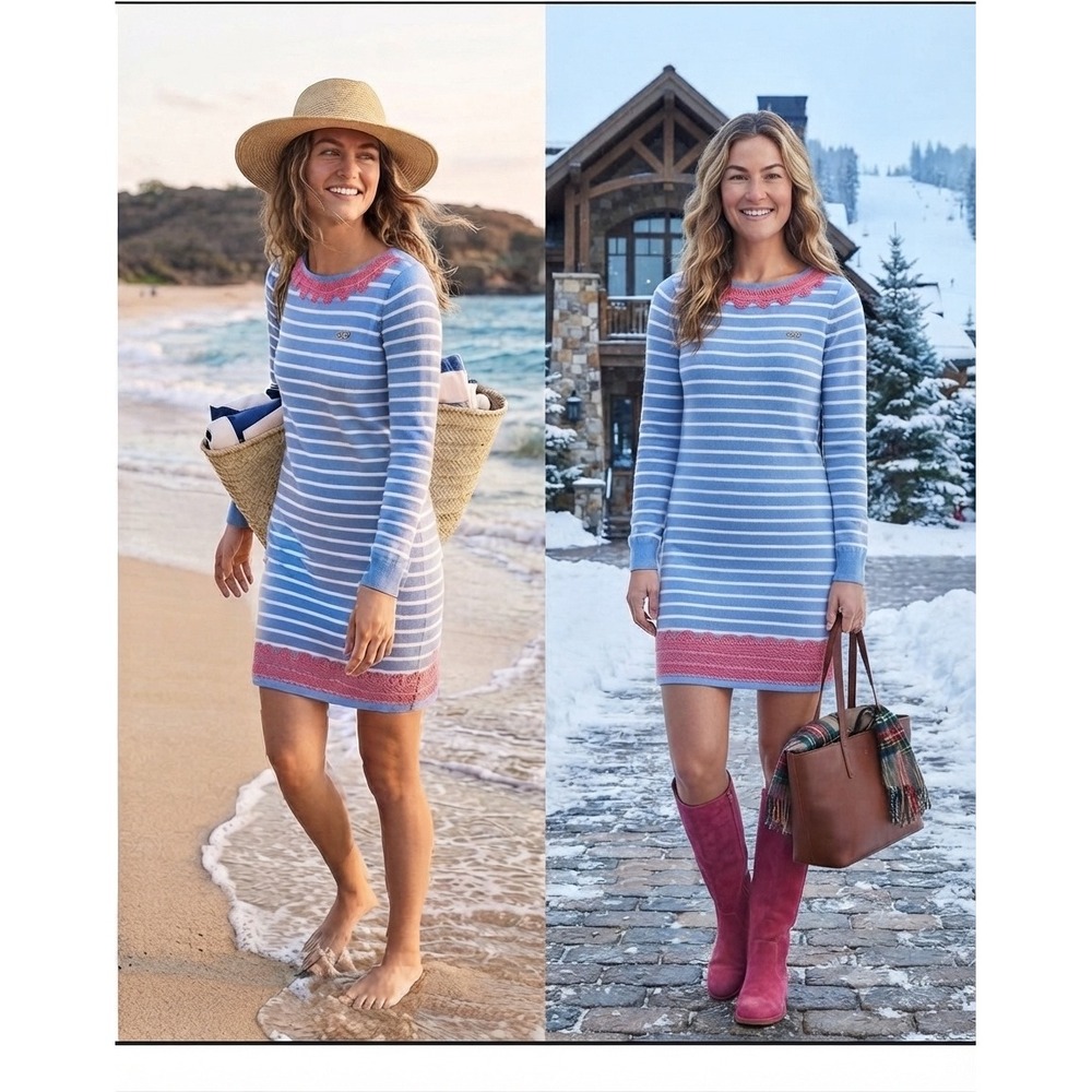 Vineyard Vines Blue White Striped Merino Wool Sweater Dress Pink Lace S NWT‎